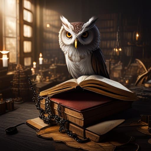 Owl on Ancient Book: Detailed Matte Painting