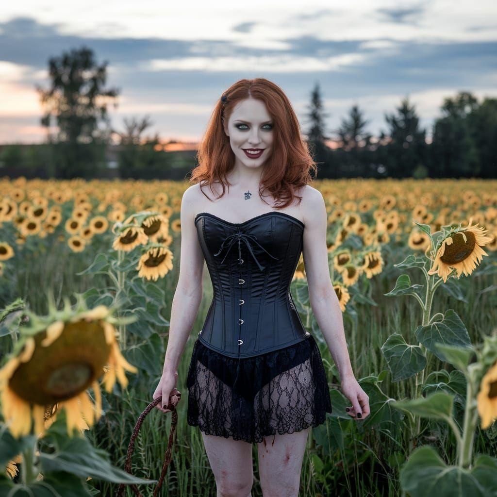Redhead with Whip in Sunflower Field: Horror Art