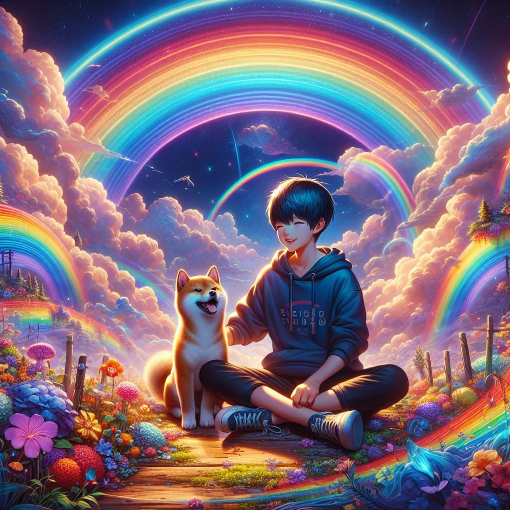 Boy and Shiba Inu Puppy Under Rainbow: Anime Style