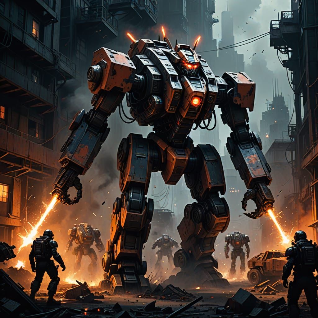 Epic Mech Robot Battle in Industrial Wasteland