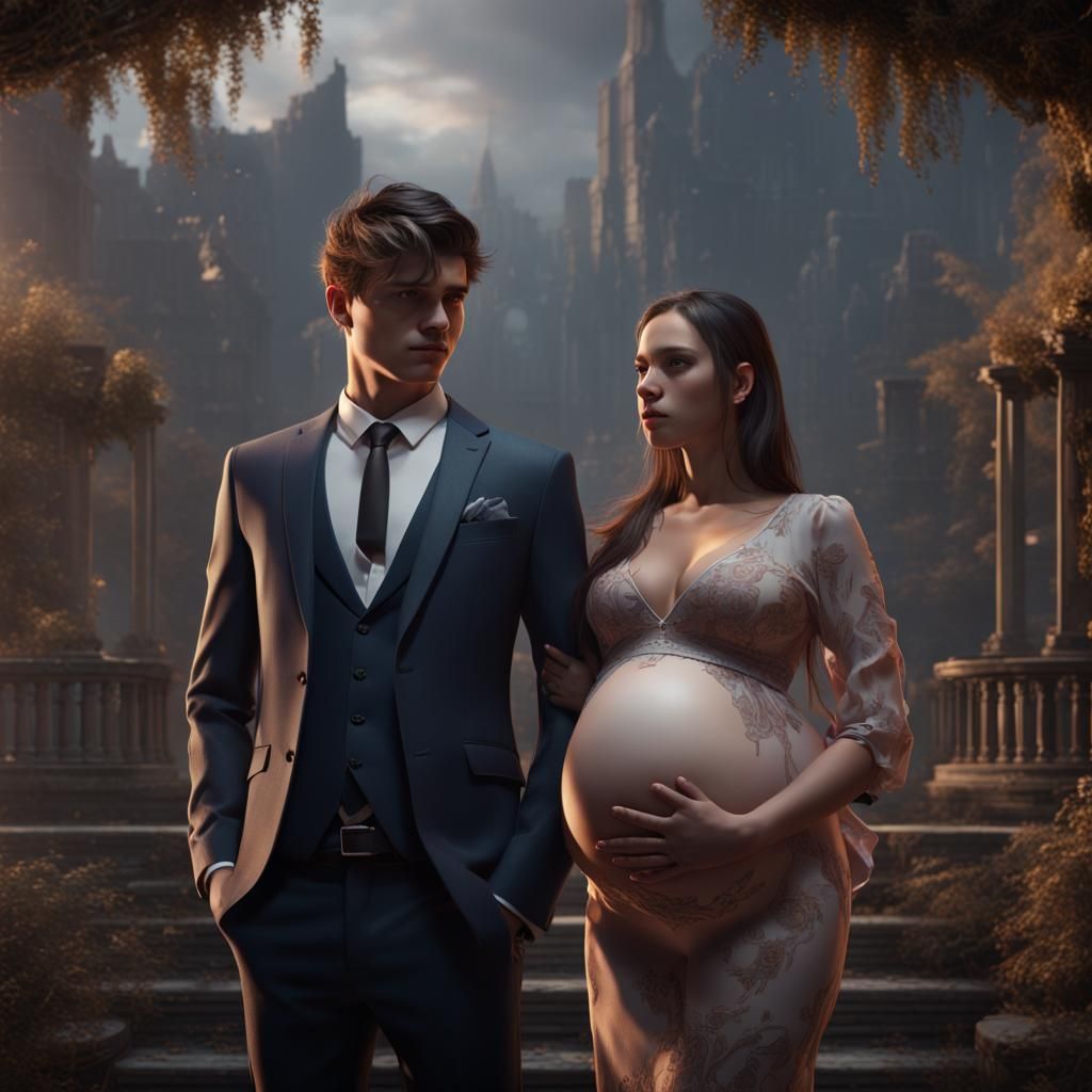 Young Man With Pregnant Wife: Detailed Matte Painting