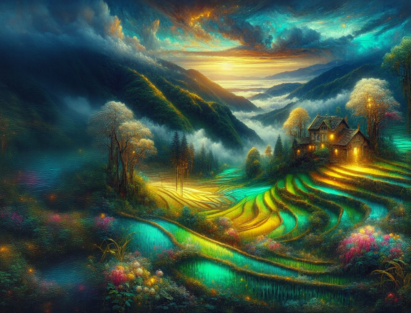 Fantasy Landscape with Rice Paddies and Cottage