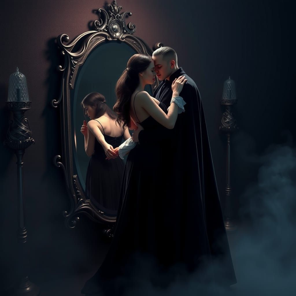 Elegant Vampire and Maiden Beside Mystical Mirror