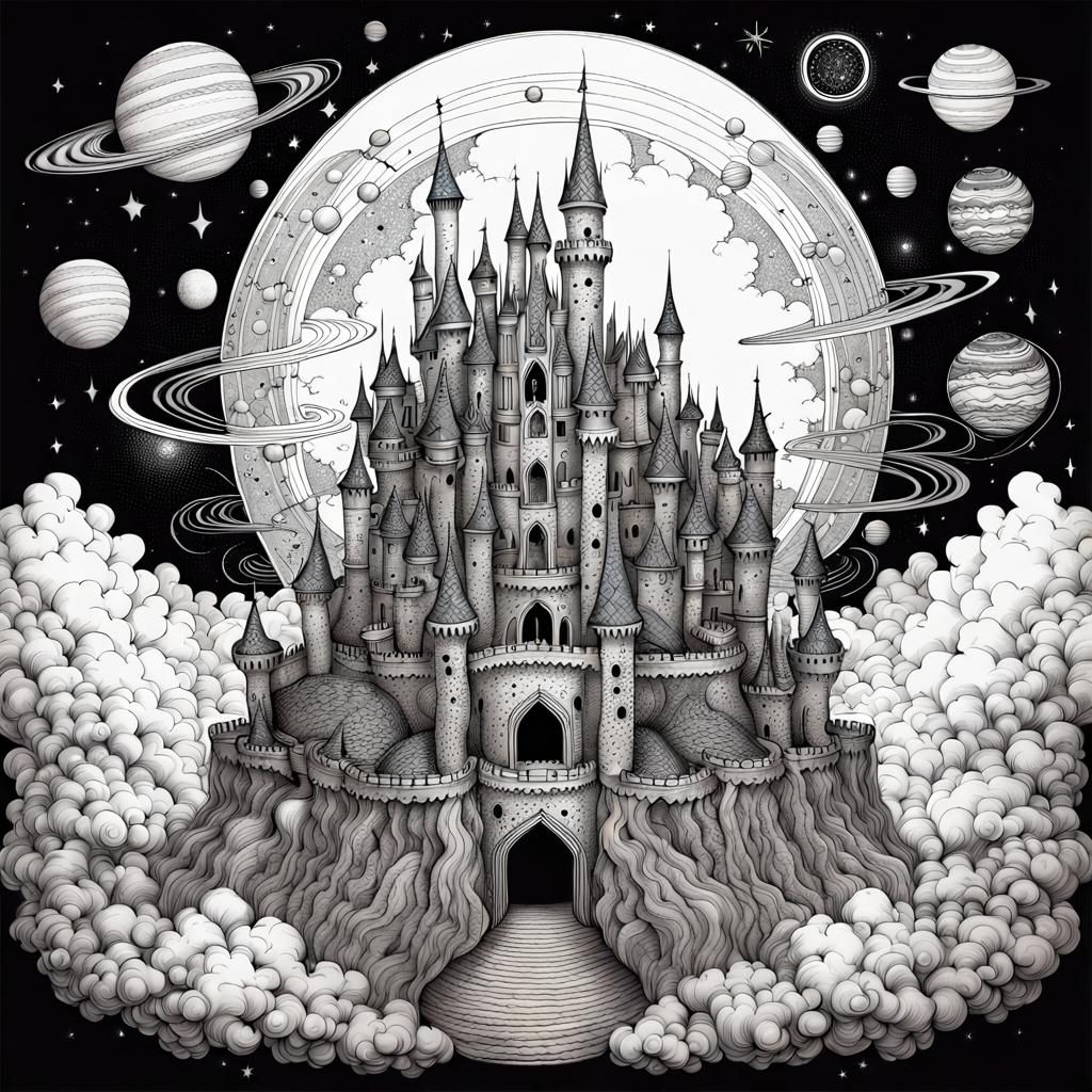 Magical Fairy Castle in Fine Line Art