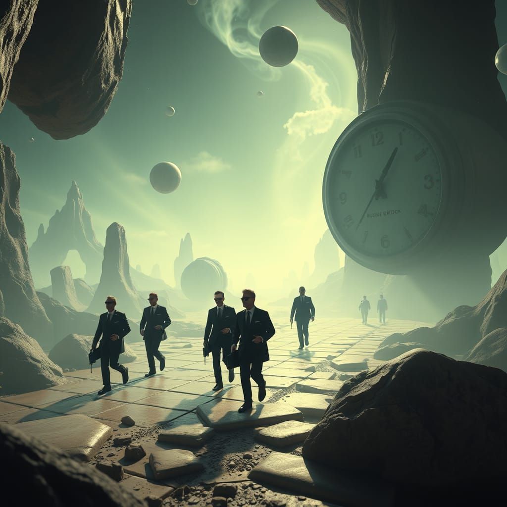 Men in Black Agents in a Surreal, Dreamlike Landscape