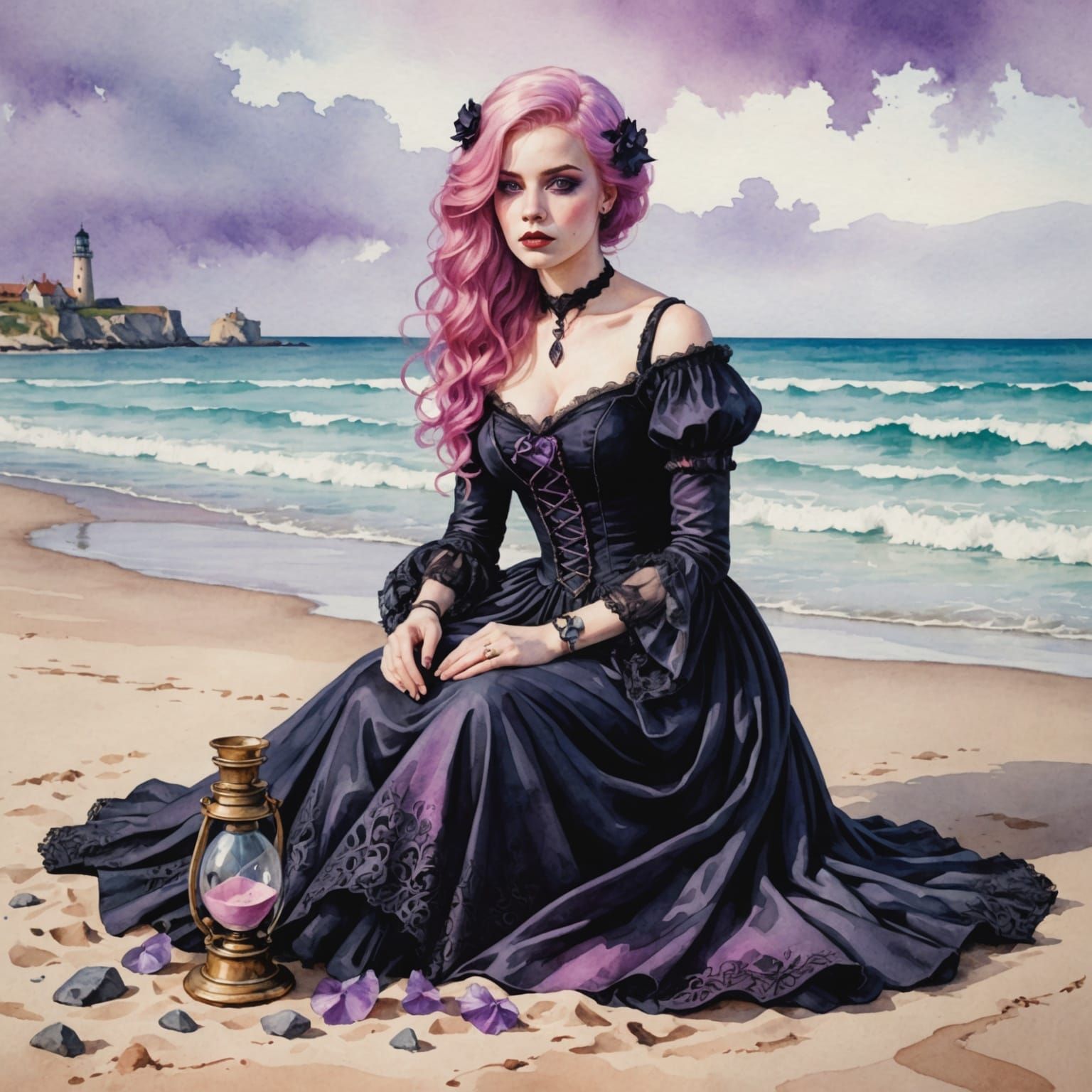 Pink Haired Woman in Gothic Dress on Beach