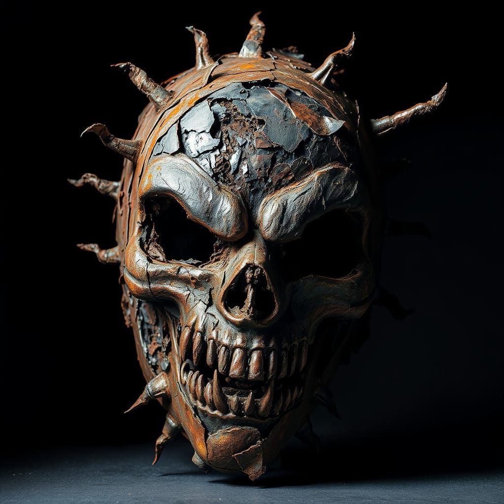 Haunting Chiaroscuro Mask in Op-Art Style with Rusty Steel T...