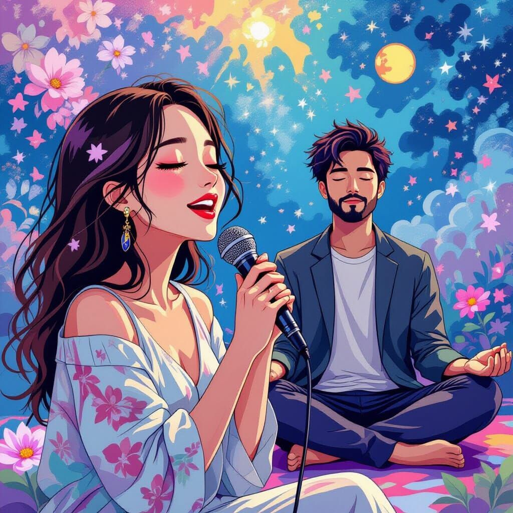Vibrant Dual Scene: Karaoke Singer Meets Meditating Man
