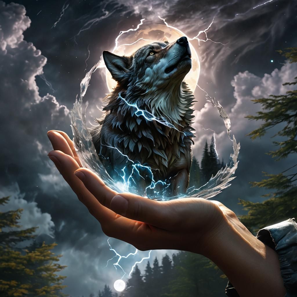 Dark Fantasy Wolf in Stormy Maple Leaf
