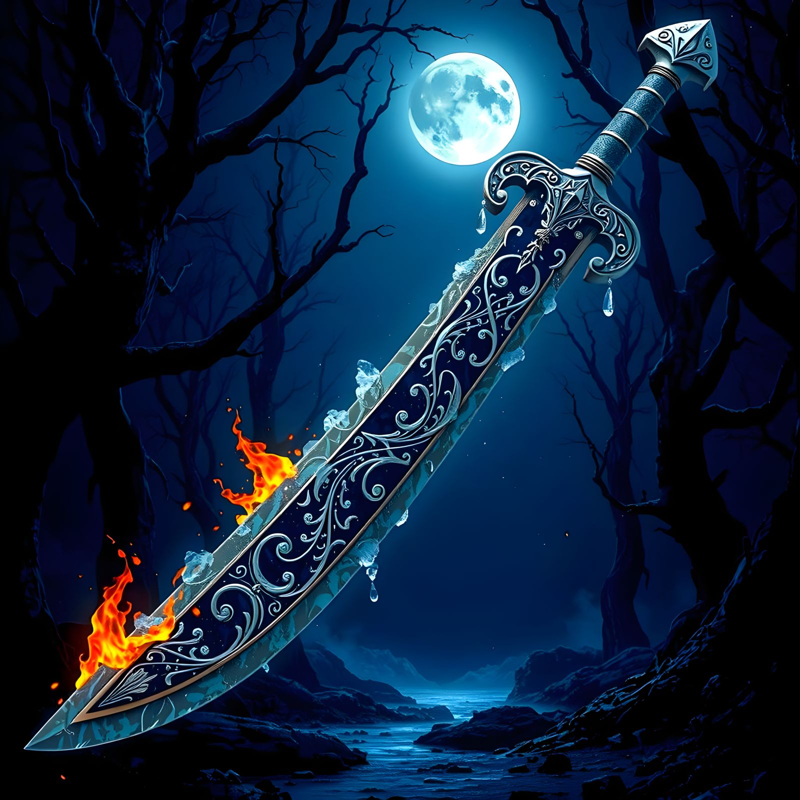 Surreal Sword of Granite and Obsidian in a Dark World