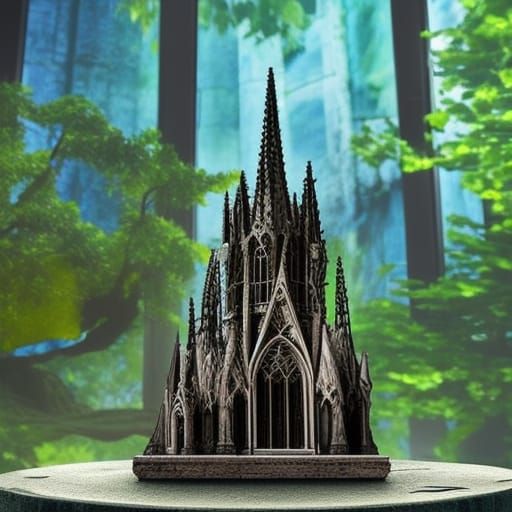Miniature Gothic Cathedral Shaded by Bonsai, Detailed Painti...