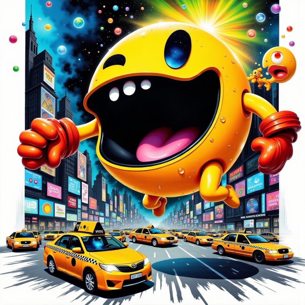 Gigantic Pac Man Devours Bright Checkered Taxis on a New Yor...
