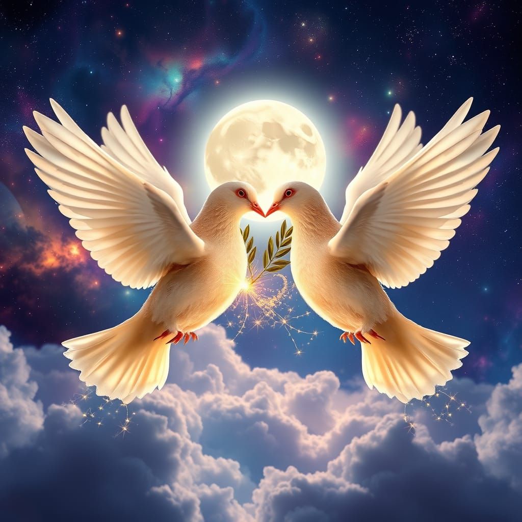 Symmetrical Doves Form Glowing Heart in Celestial Landscape