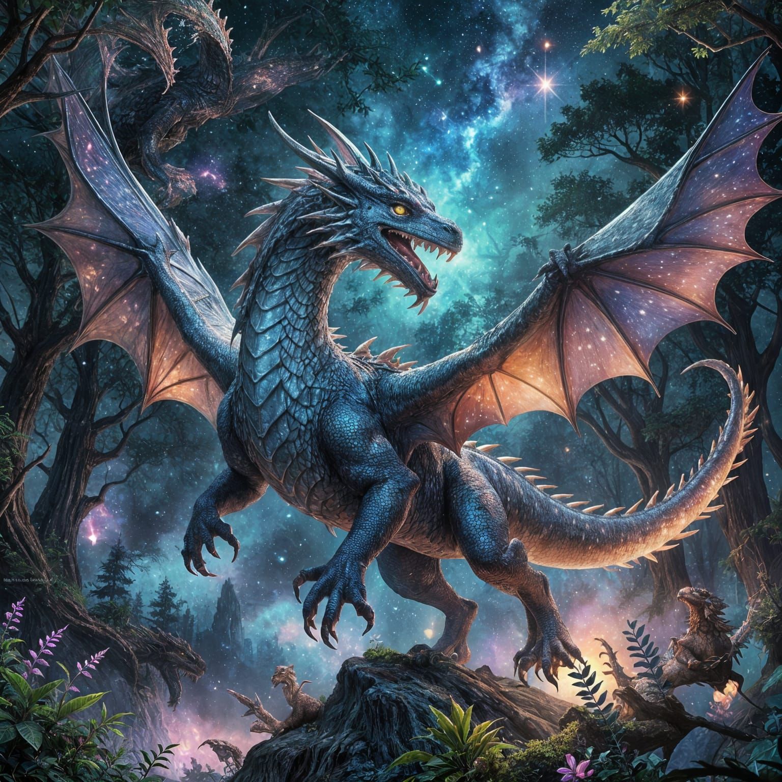 Iridescent Circuit Dragon Soars Through Nebula Sky