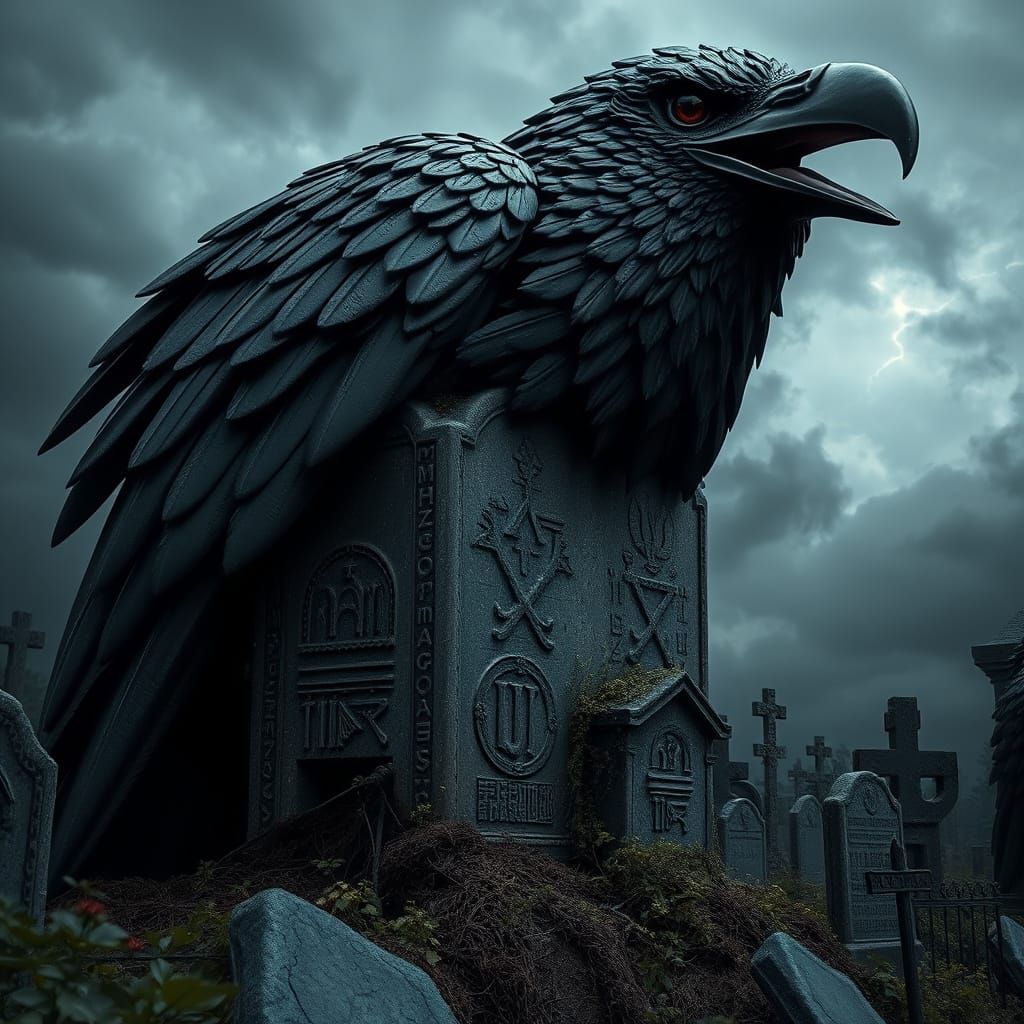 Gothic Raven Statue with Ruby Eyes in Sinister Graveyard