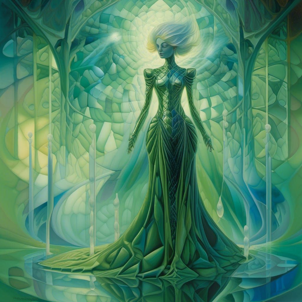 Ethereal Woman Enters Portal: Crystalline Cubism