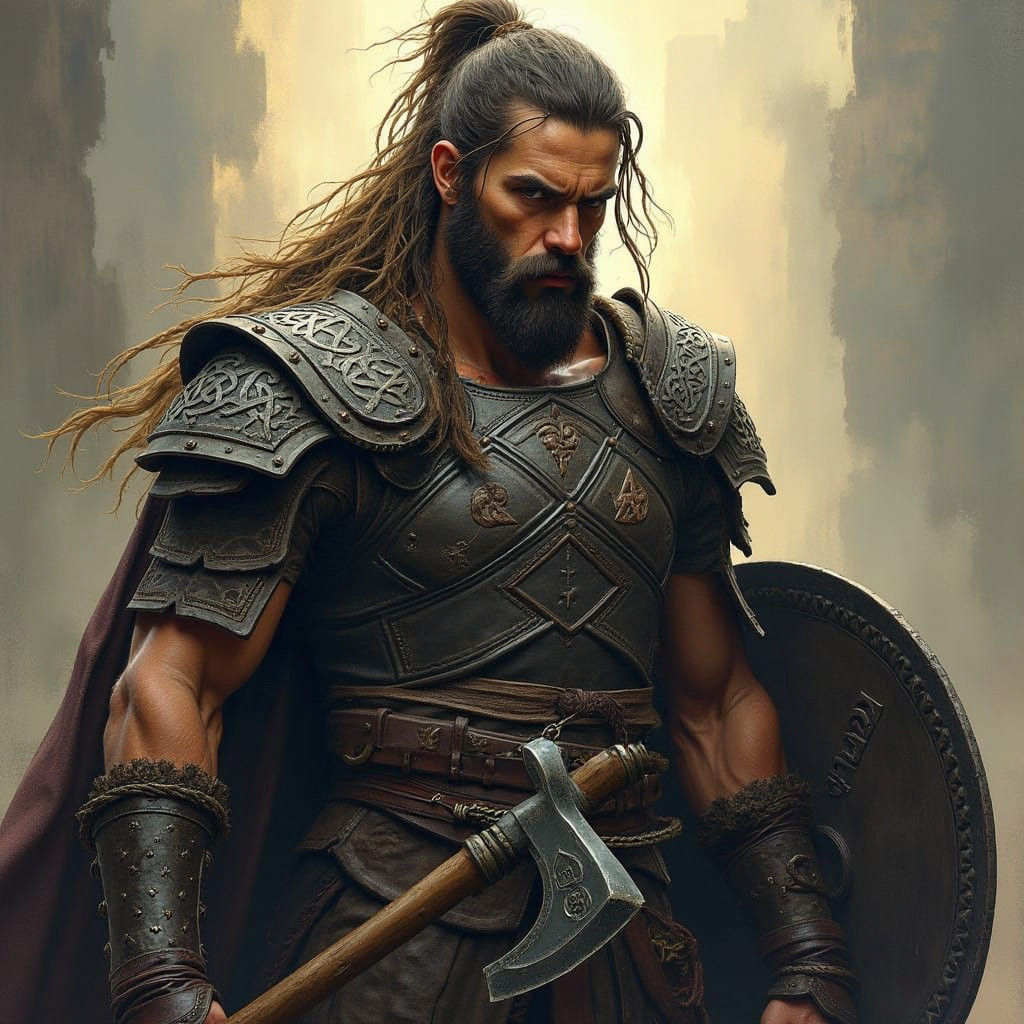 Medieval Warrior in Dark Armor Wields Viking Axe