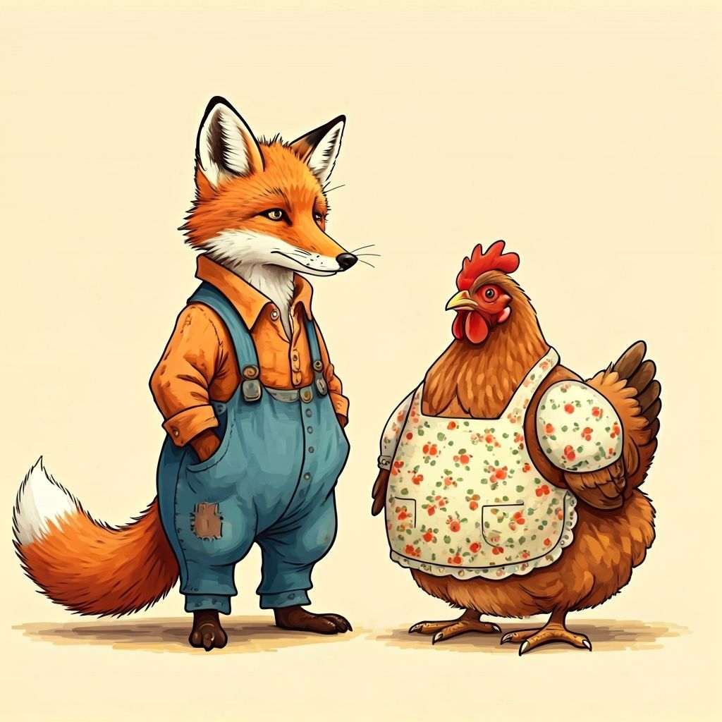 Fox and Chicken in Whimsical Beatrix Potter Style