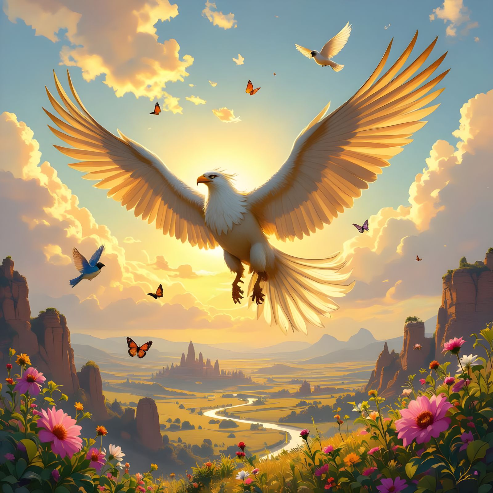 Griffin Soaring Above Ancient Lands as Digital Art