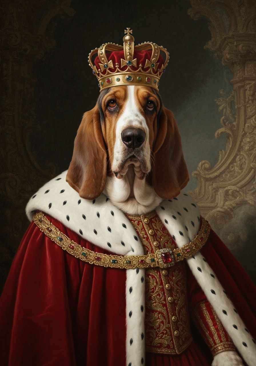 Basset Hound as King: Elegant Royal Oil Portrait