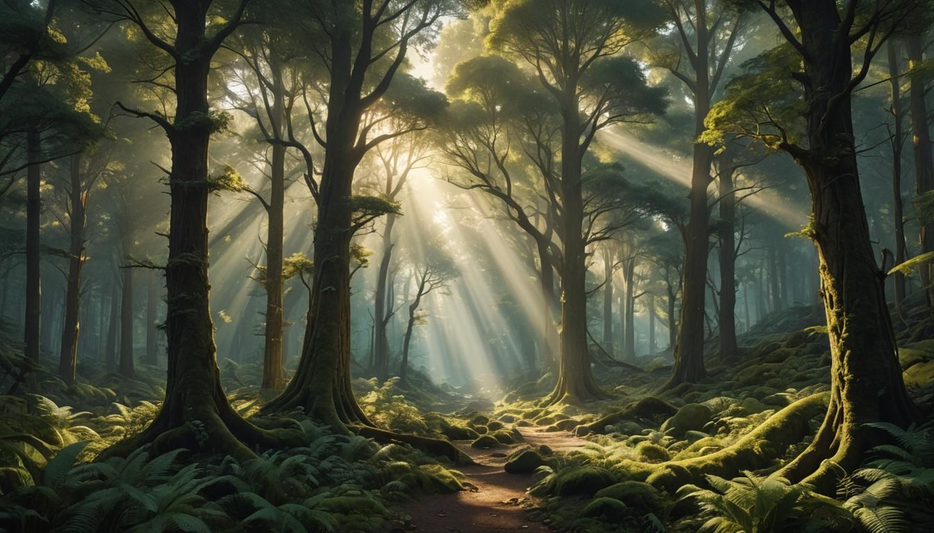 Surreal Enchanted Forest Landscape with God Rays