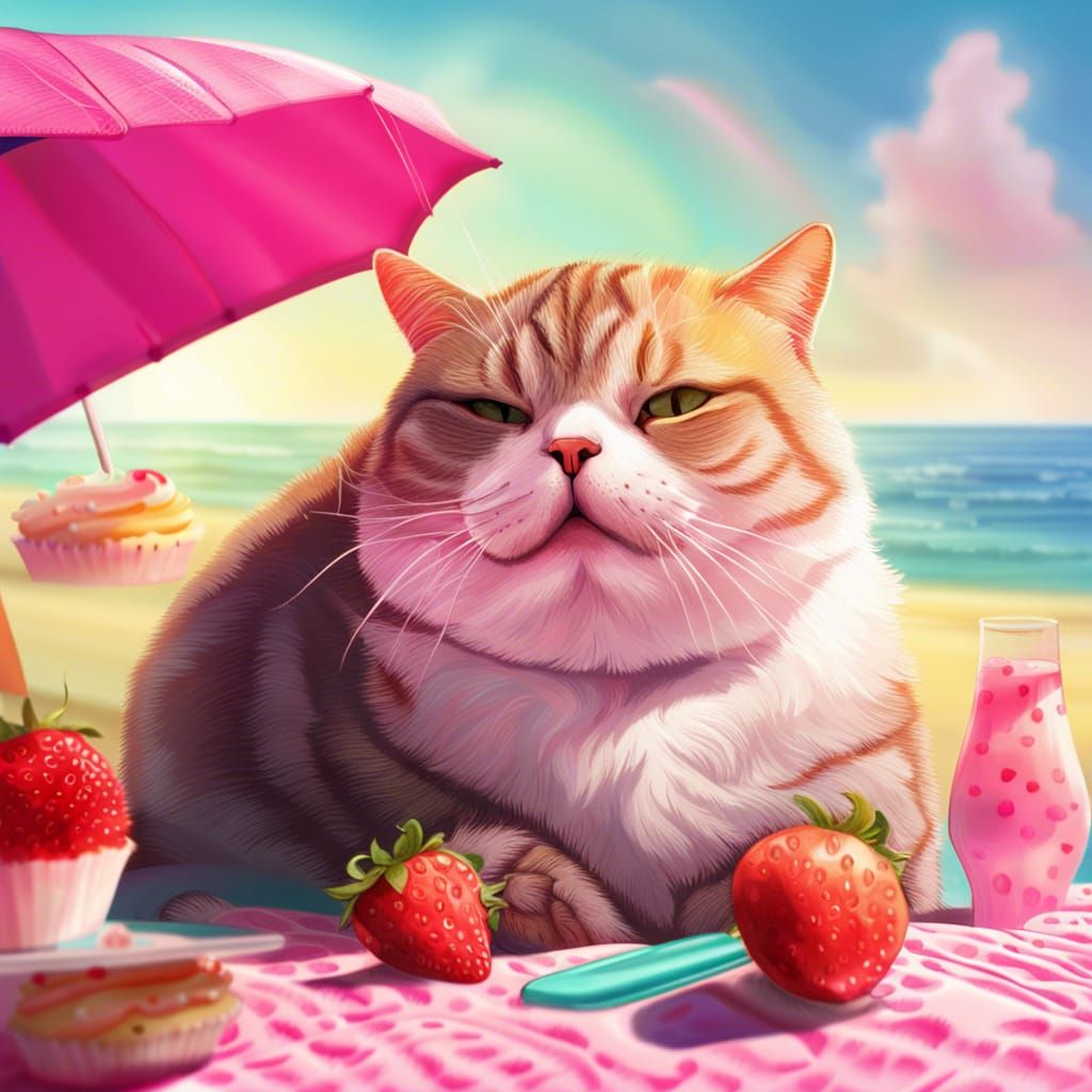 Fat Cat's Beach Day: Hyperrealistic Splash Art