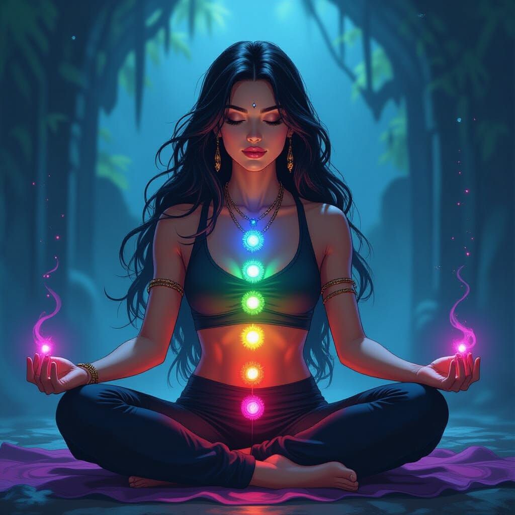 Mystical Woman Meditating with Glowing Chakras in Comic Styl...