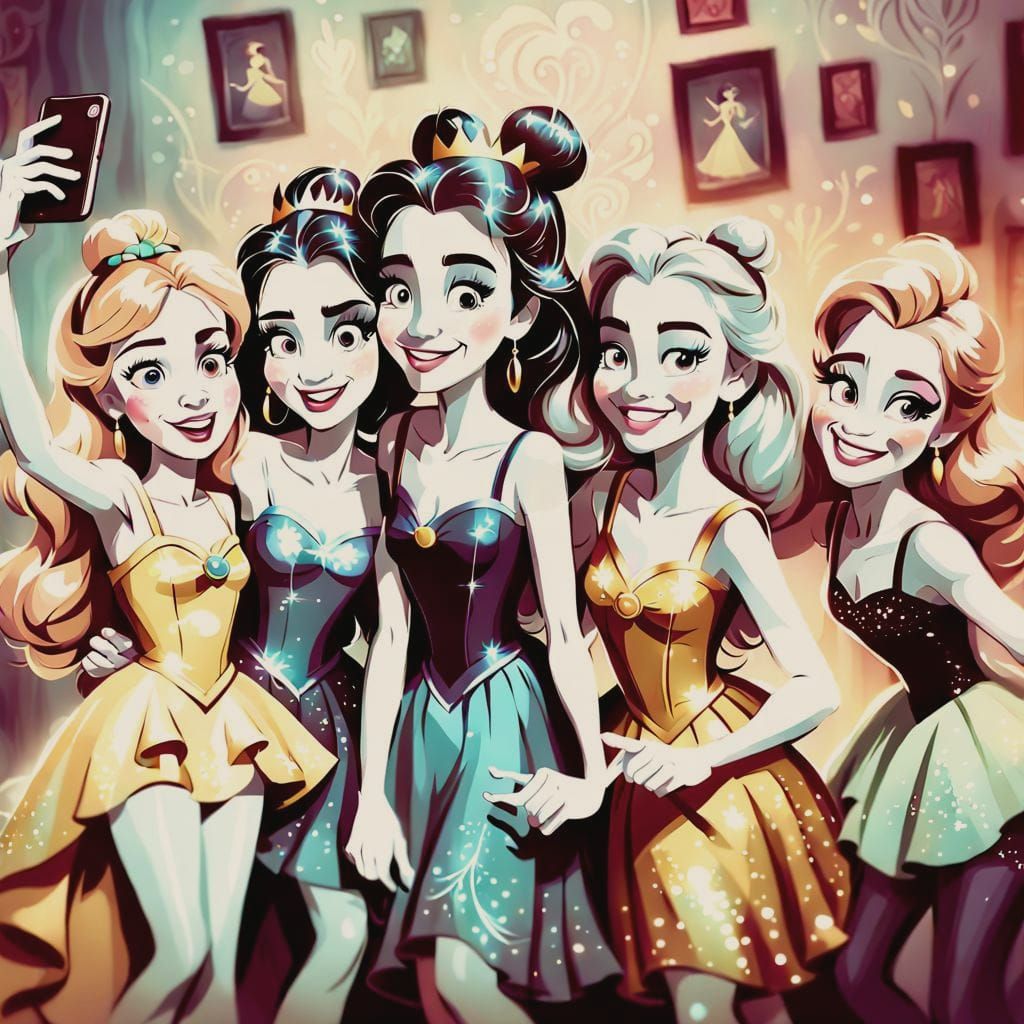 Disney Princesses Selfie in Tim Burton Style
