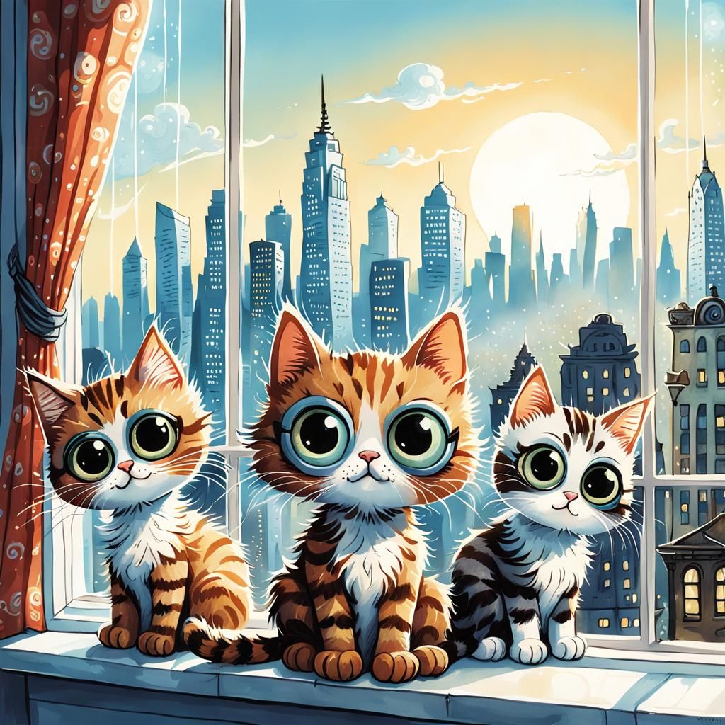 Cute Googly-Eyed Kittens in Whimsical Cityscape