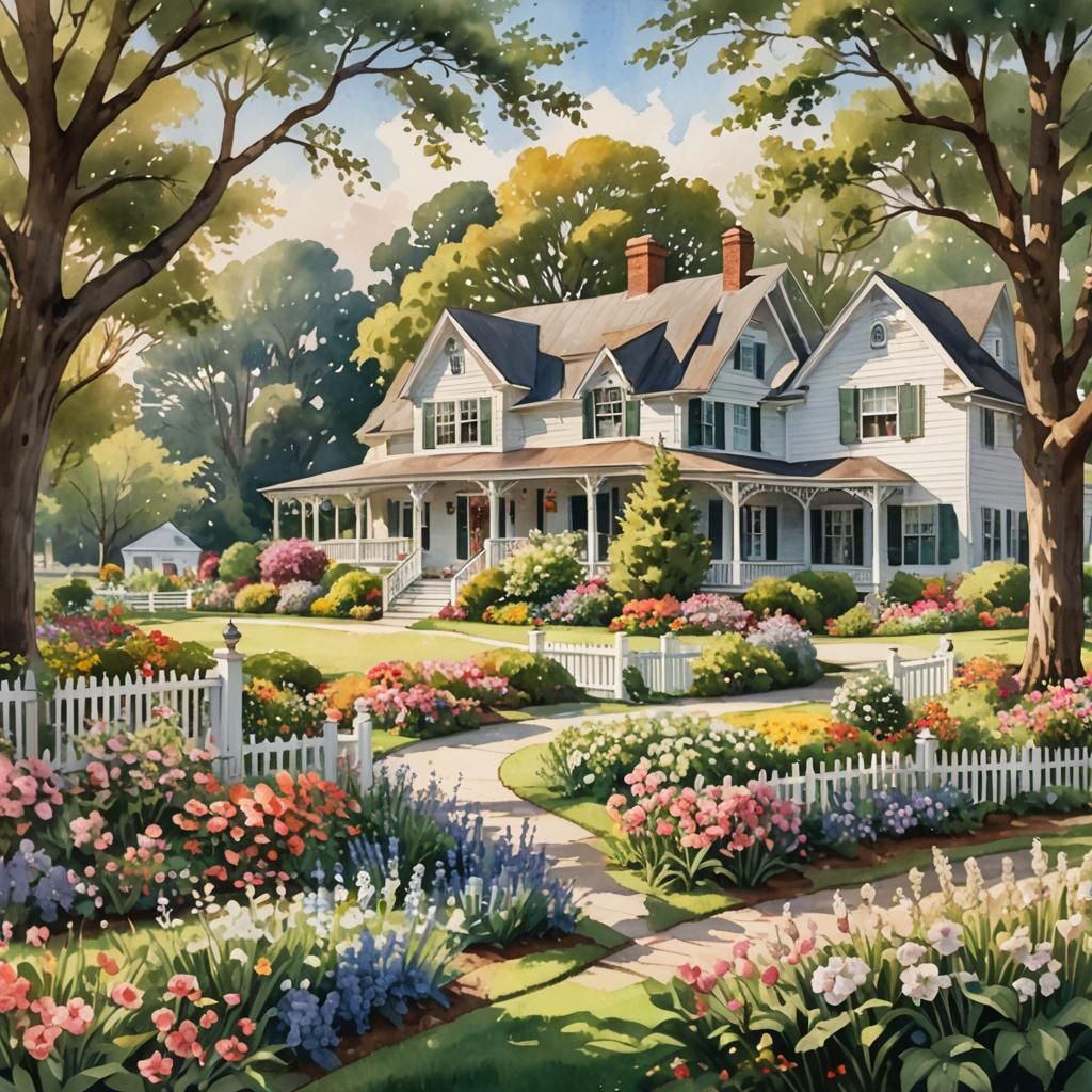Classic Farmhouse in American Country Watercolor Style