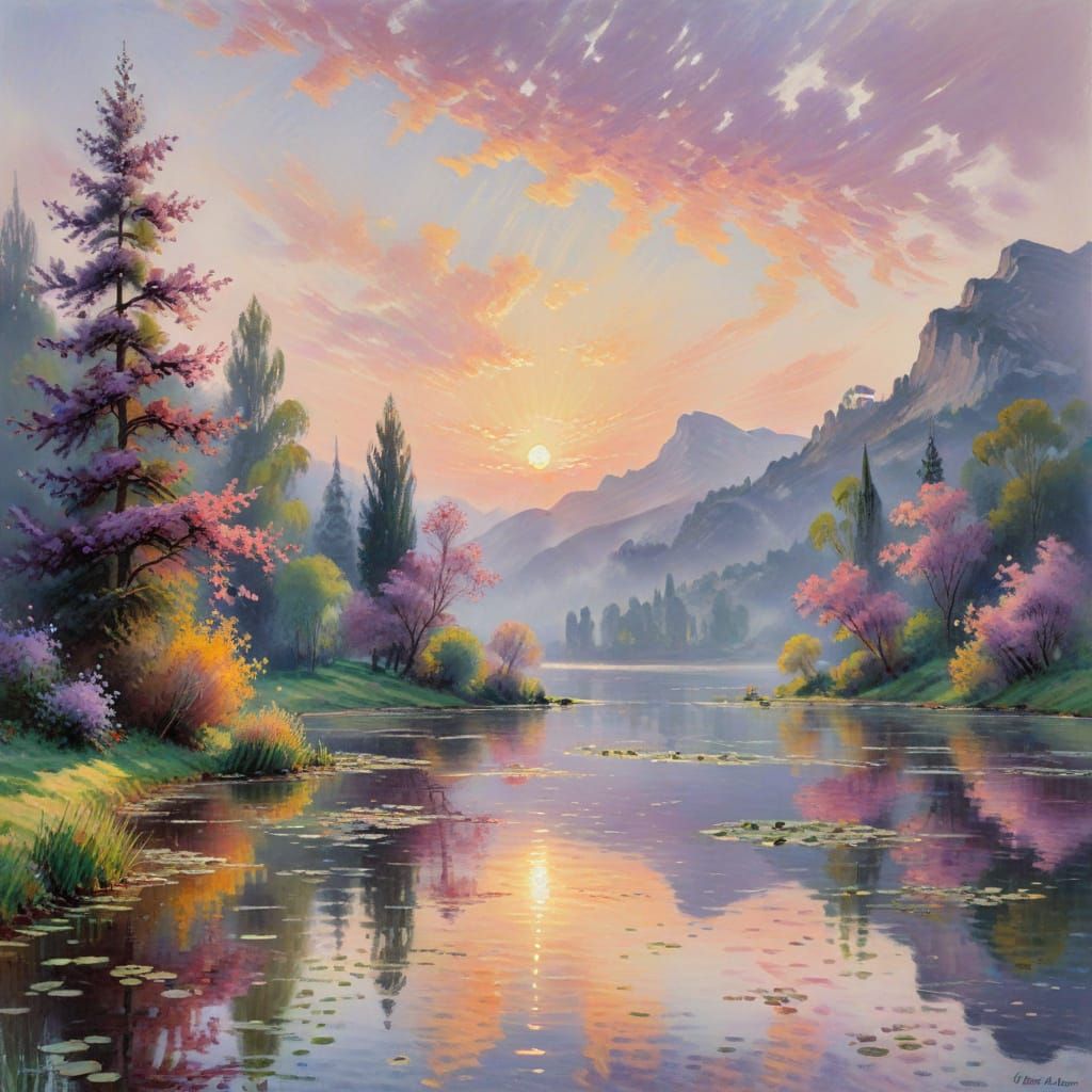 Impressionist Serene Dawn Lake in Soft Pastel Hues