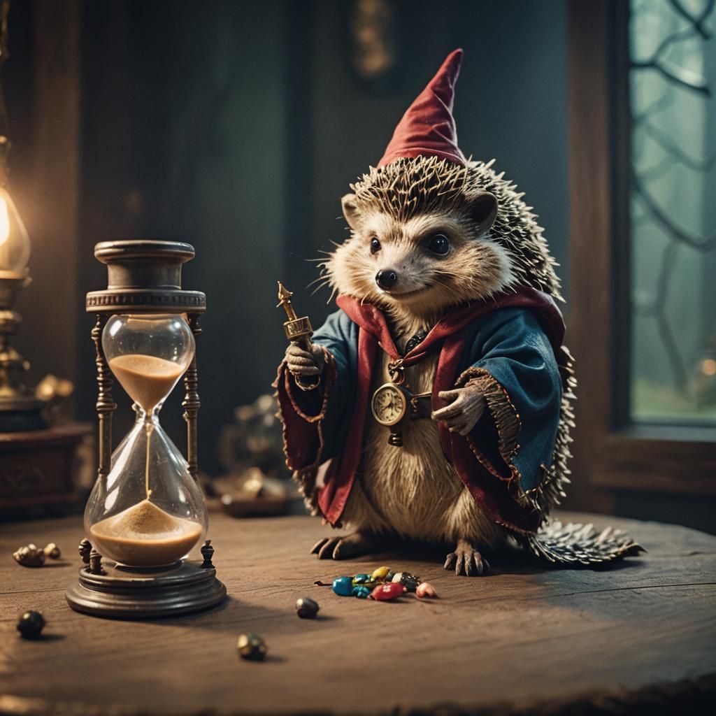 Hedgehog Wizard and Hourglass: A Cinematic Still