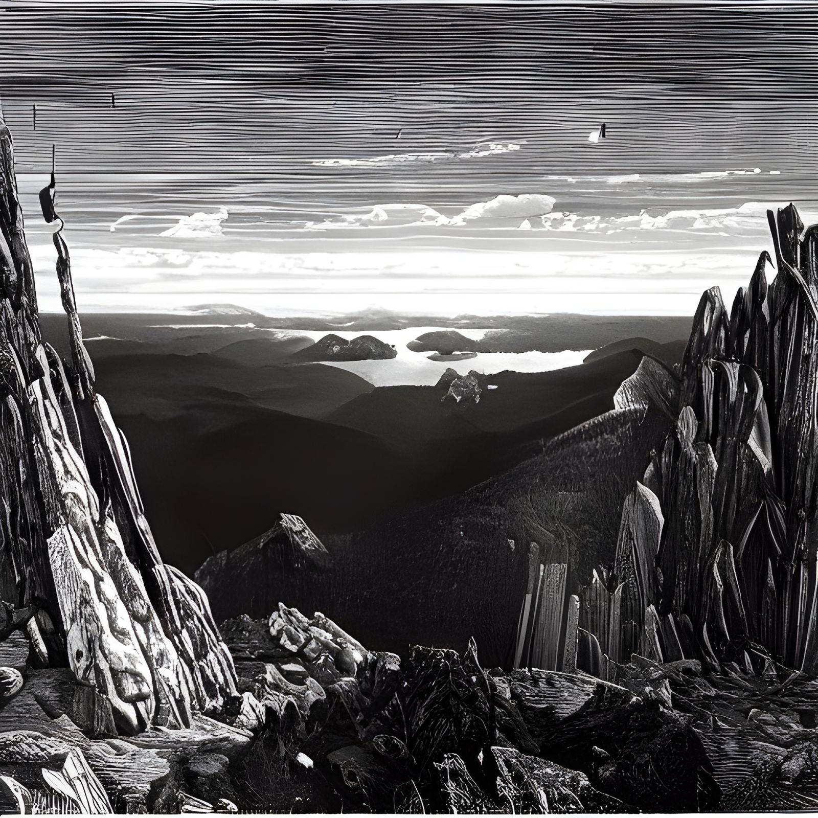 Mountain View with Futuristic City and Swirling Clouds