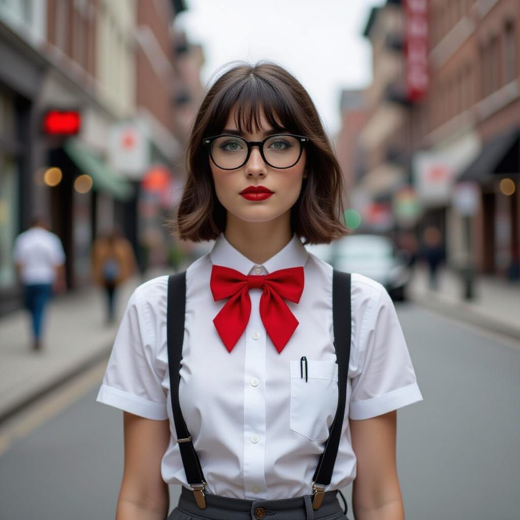 Nerdy Woman with Bowtie in Cinematic Film Still