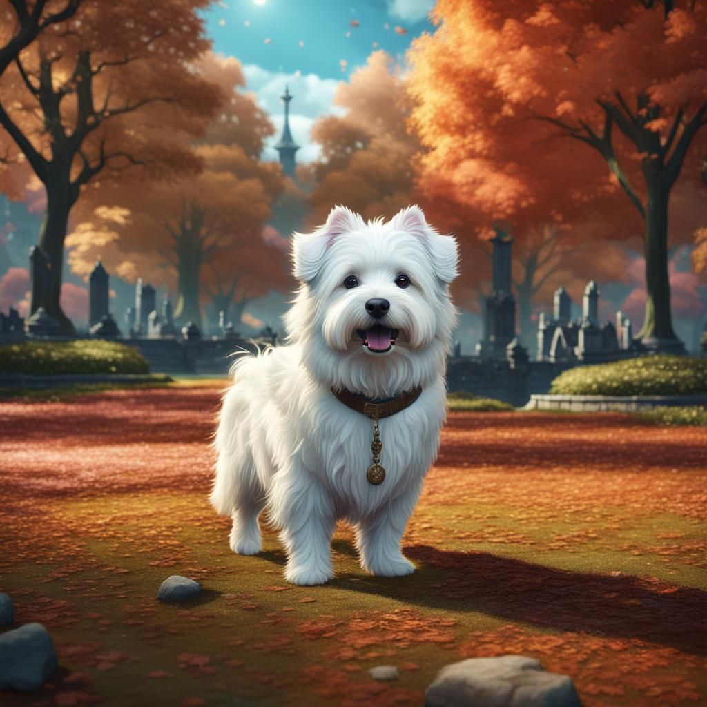 Cute Fluffy Dog in Park: Fantasy Concept Art