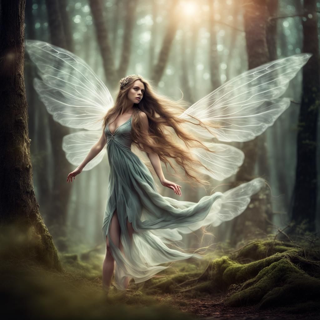 Fantasy Fairy with Transparent Wings in Forest