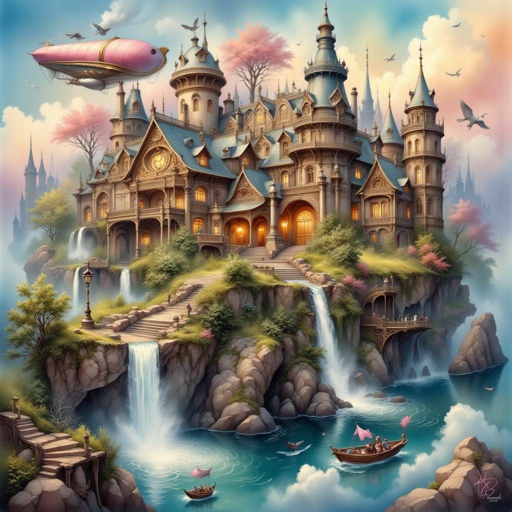 Steampunk Airship Docked at Floating Island Port