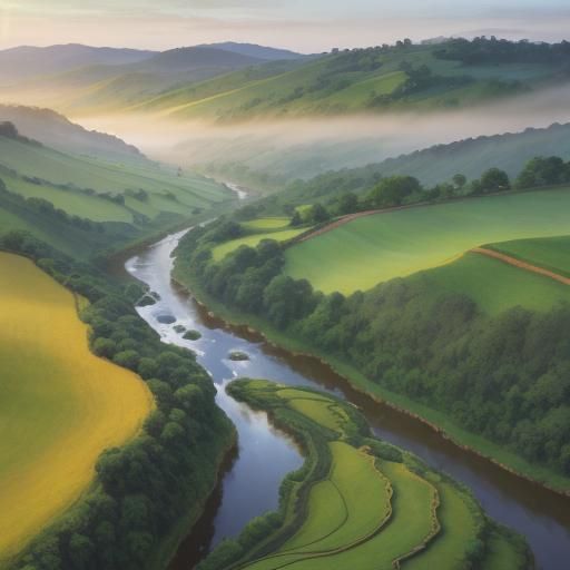 Green Hills Landscape in Impressionist Style