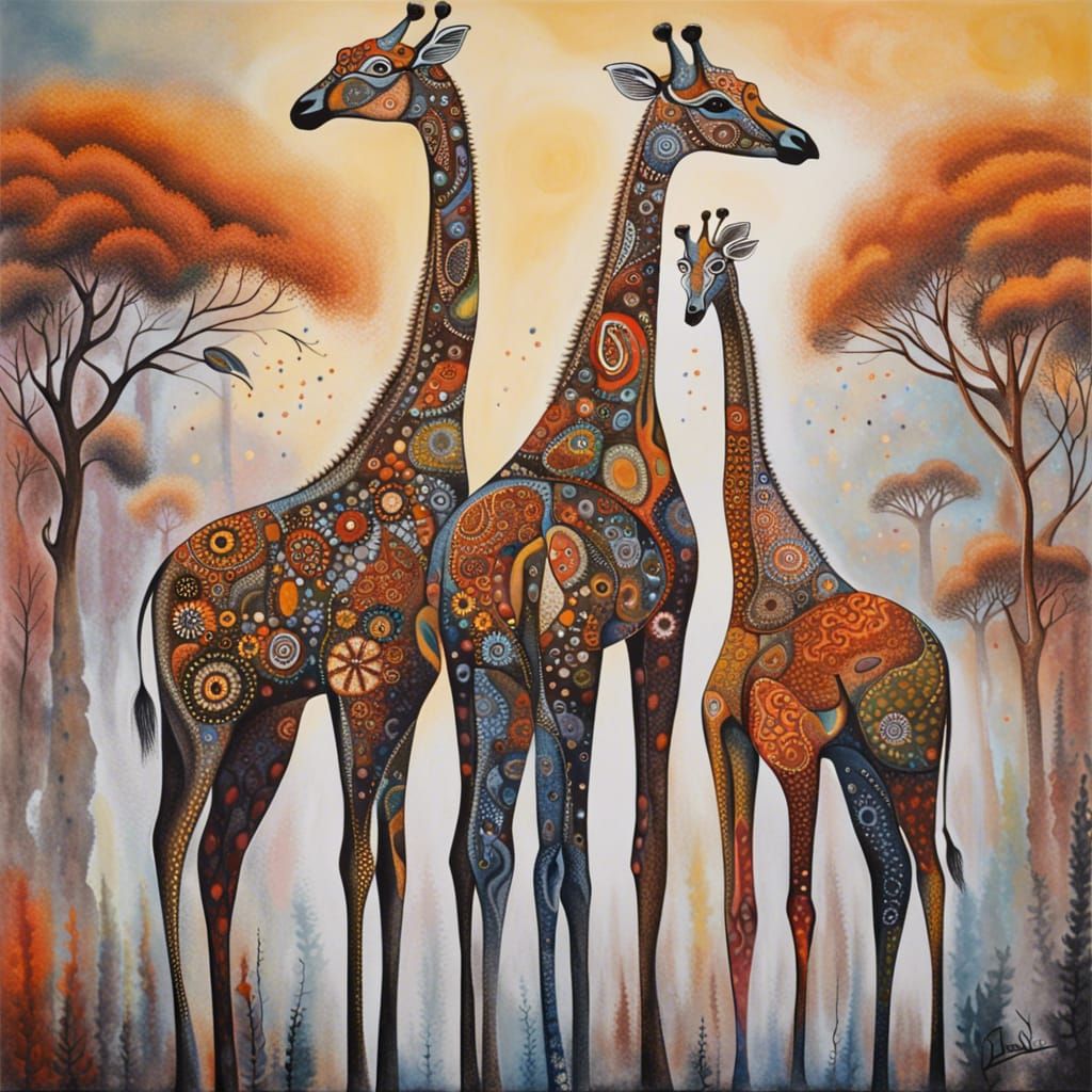 Aboriginal Art Painting of Giraffes and Wildlife