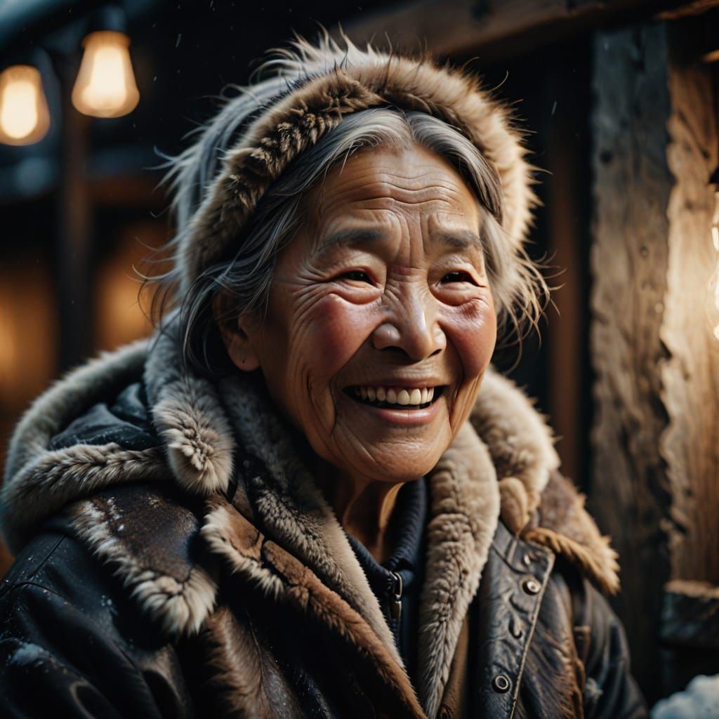 Elderly Inuit Woman Laughing in Macro Portrait
