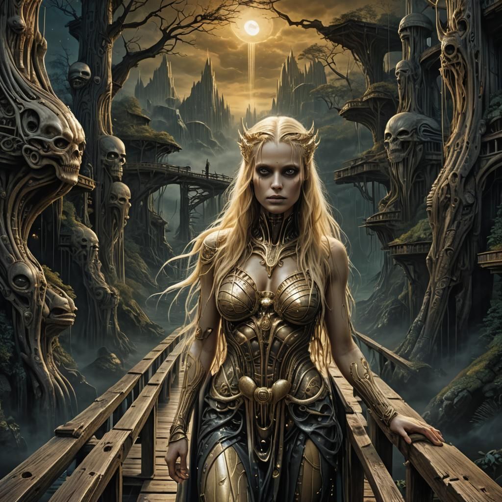Goddess on Bridge: Vibrant Oil Painting Concept Art