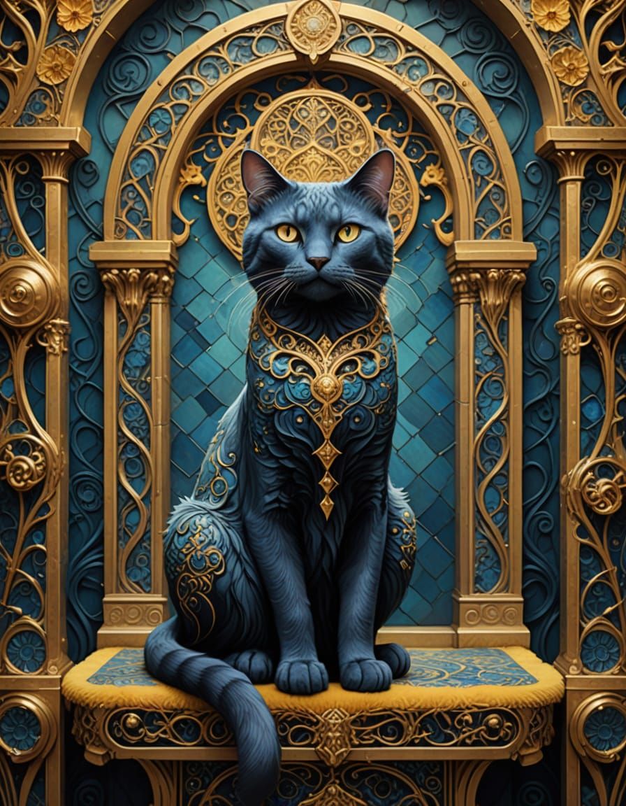 Ethereal Whimsy: A Majestic Cat in Art Nouveau Splendor
