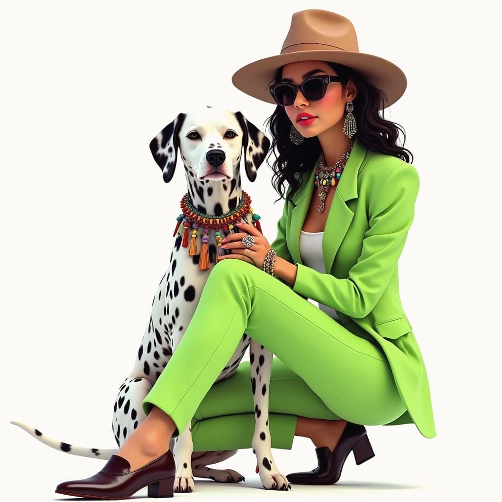 Elegant Bohemian Woman and Dalmatian in Neon Green Attire