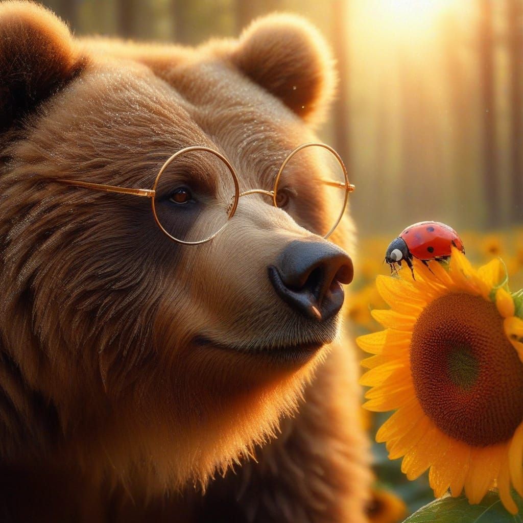 Macro Photograph: Bear and Ladybug on Sunflower