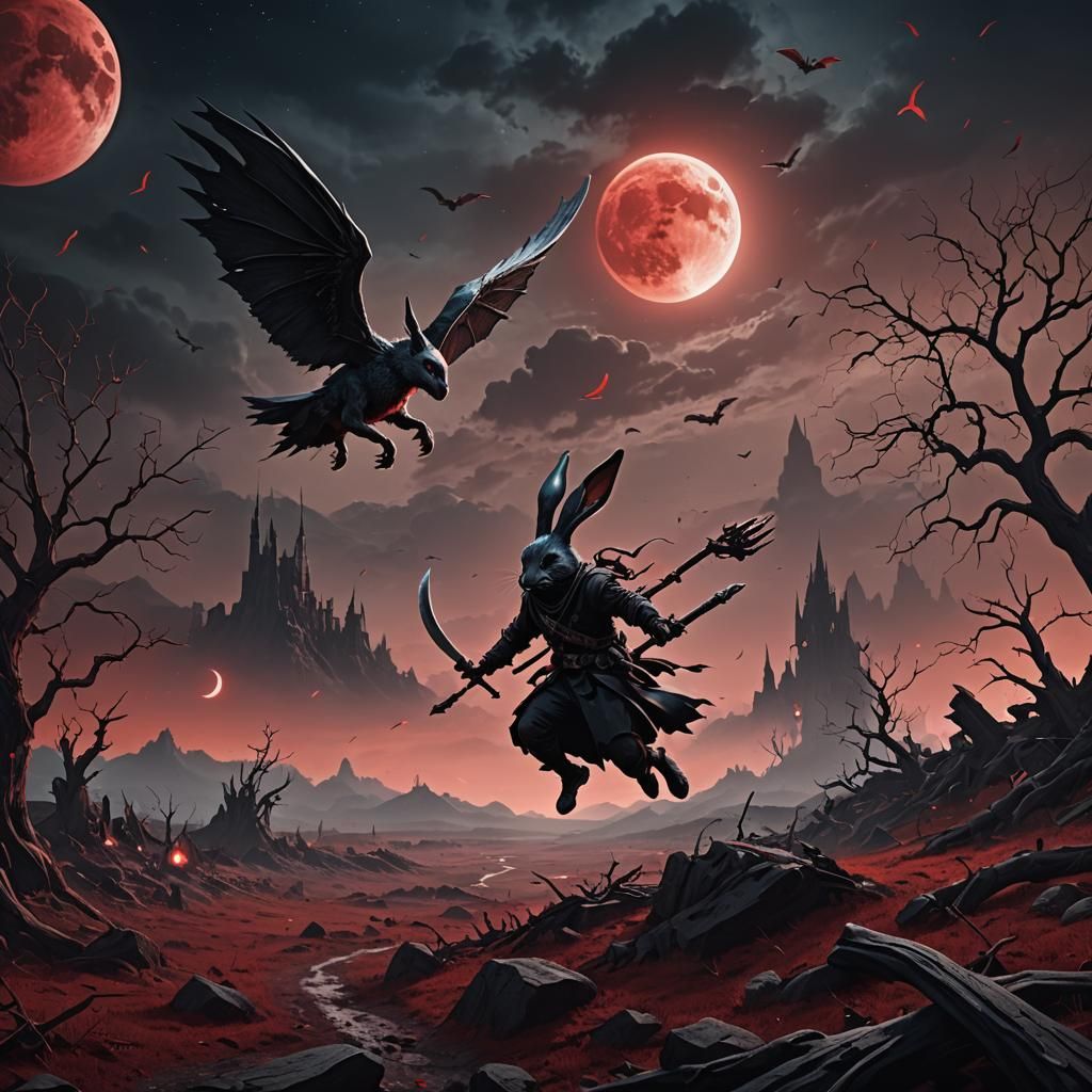 Flying Reaper bunny in nightmarish landscape, blood moon