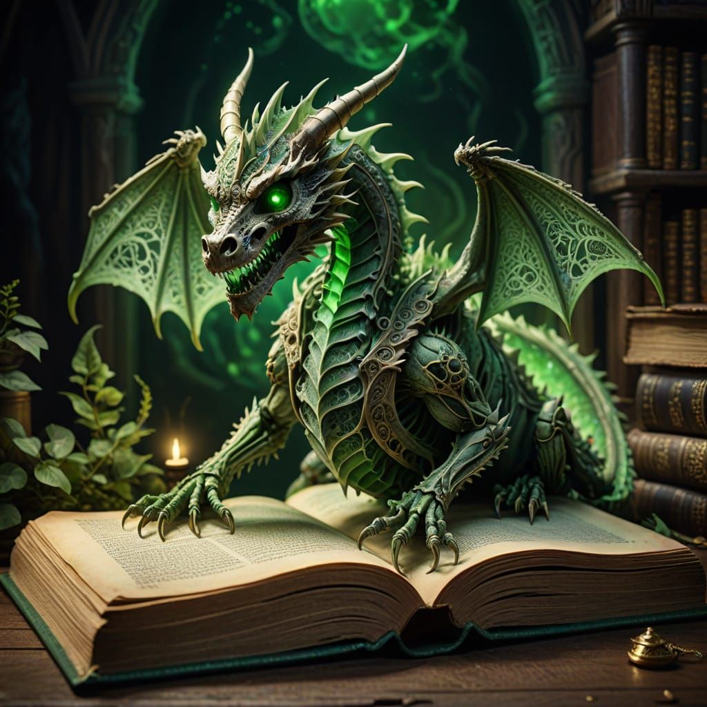 Realistic Dragon Skeleton Emerging from Ancient Tome