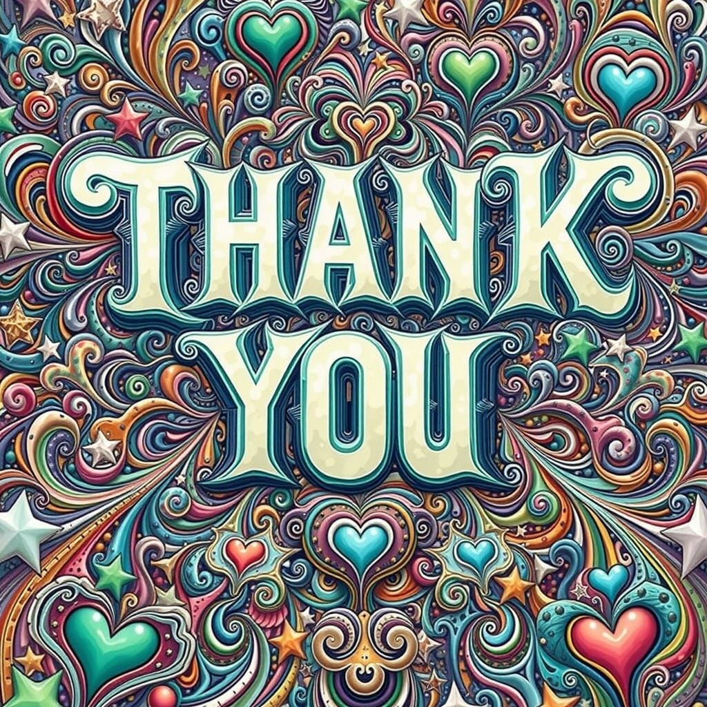 Text that says "THANK" and "YOU" on two separate lines in a whimsical curly psychedelic textured font. Bold, extra bold,...