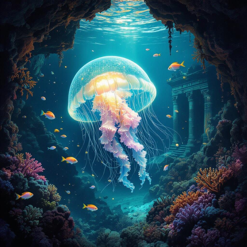 Bioluminescent Jellyfish Illuminates Underwater Grotto