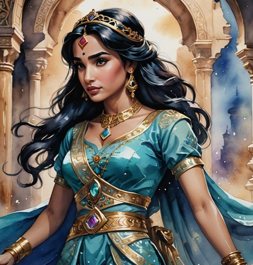 Watercolor Princess Jasmine with Intricate Details