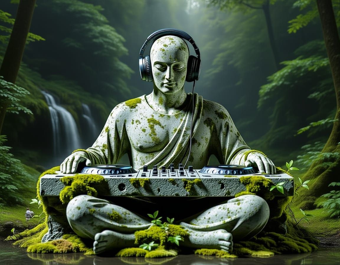 Stone DJ Statue in Zen Pose with Cinematic Lighting